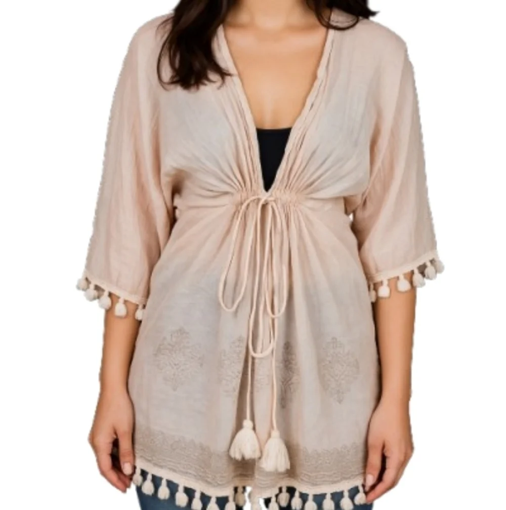 Shiraleah Baby Pink  Indian Print Tassel Swim Cover-Up OsFM